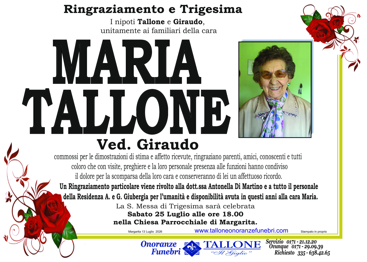 <br />
<b>Warning</b>:  Undefined variable $info in <b>/home/tallone/public_html/ringraziamenti.php</b> on line <b>68</b><br />
Maria Tallone